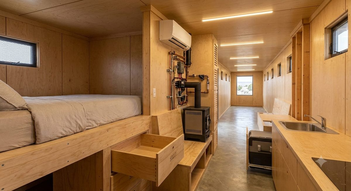 Container B exterior, labeled cabin door