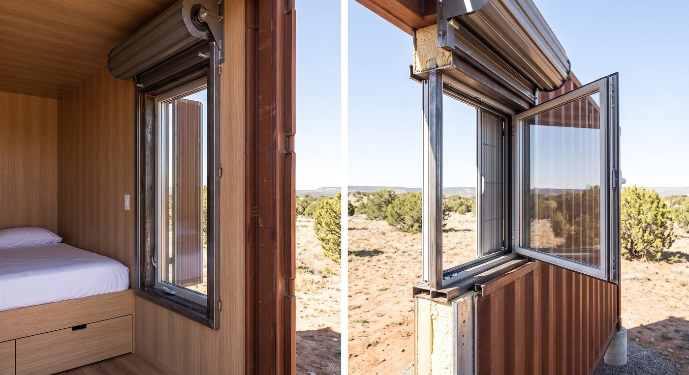 Guest room entry door with electronic keypad lock and interior bed nook