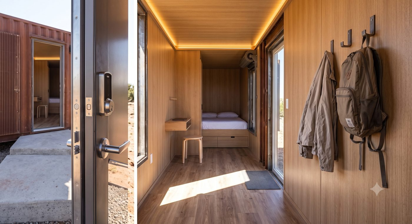 Central wet core bathroom shared between paired guest units, labeled wet partition and demising wall