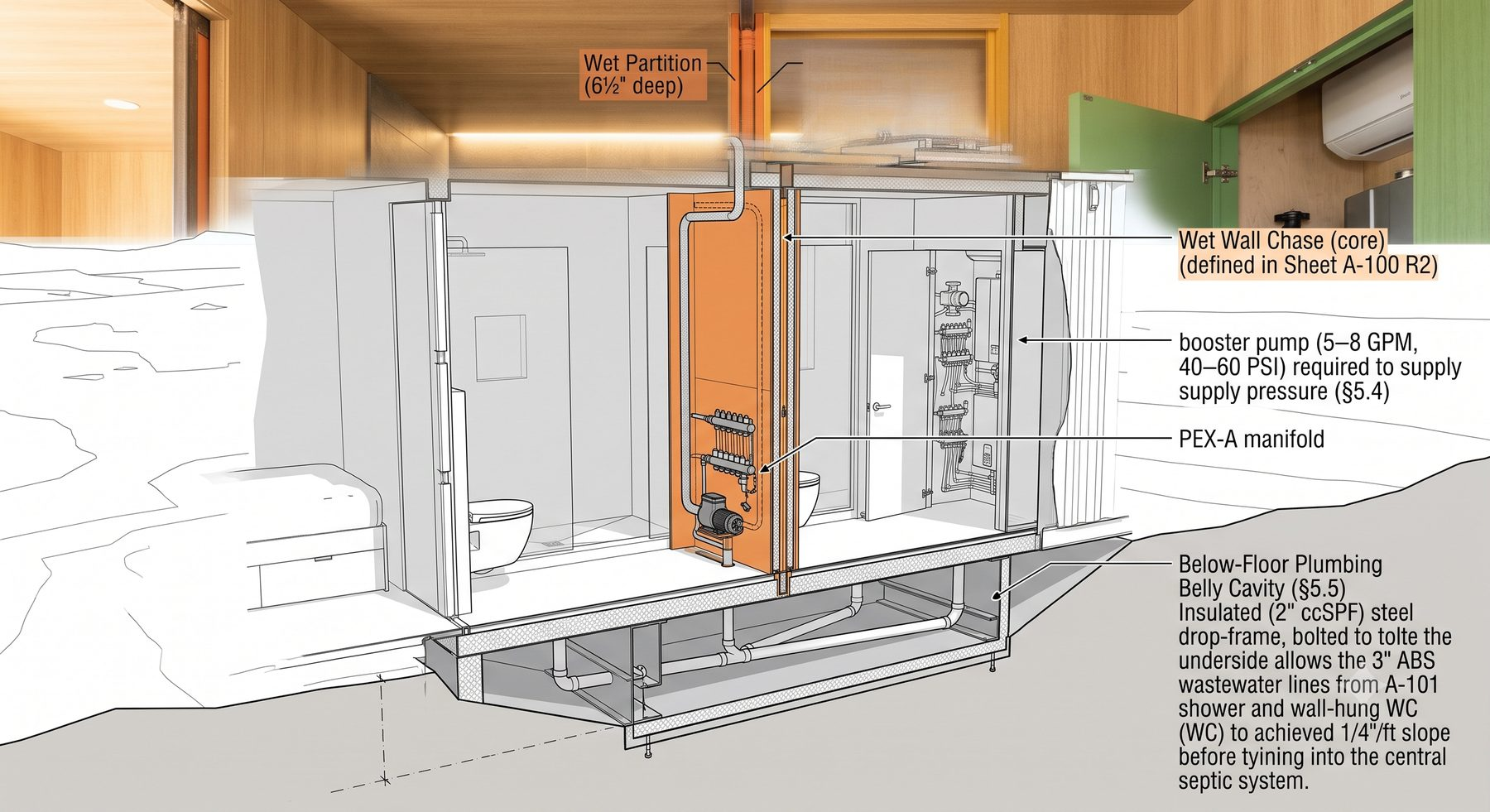 Exterior of paired container guest rooms with operable steel-frame windows and security shutters