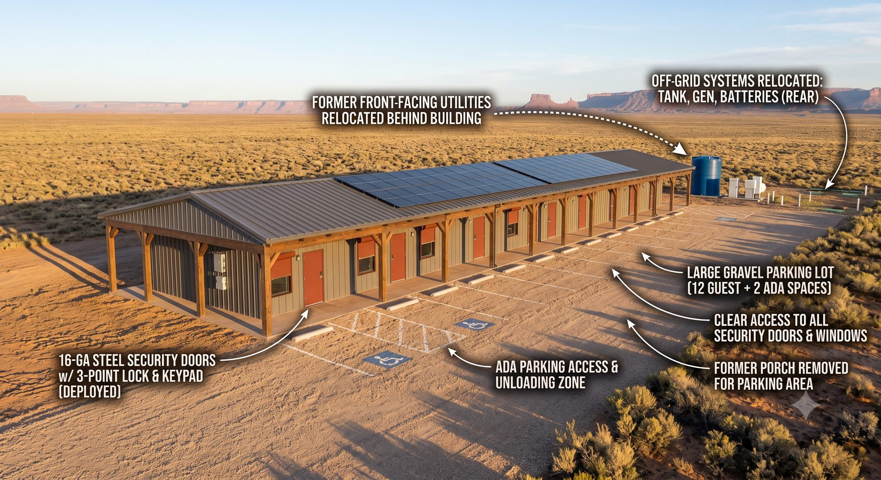 Aerial view of Sierra One Stays with parking and rear utilities